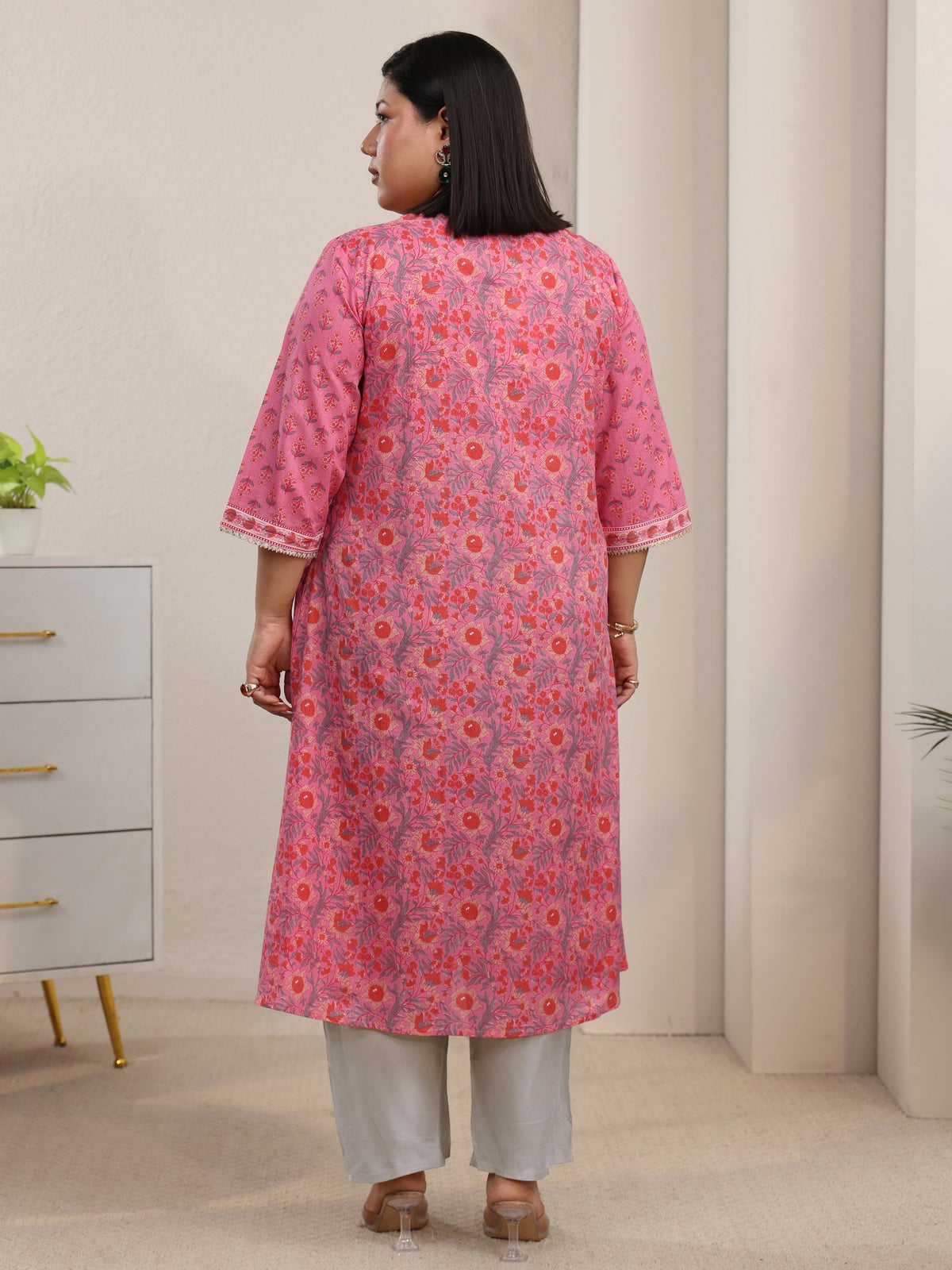 Plus Size Pink Floral Printed Cotton A-Line Kurta