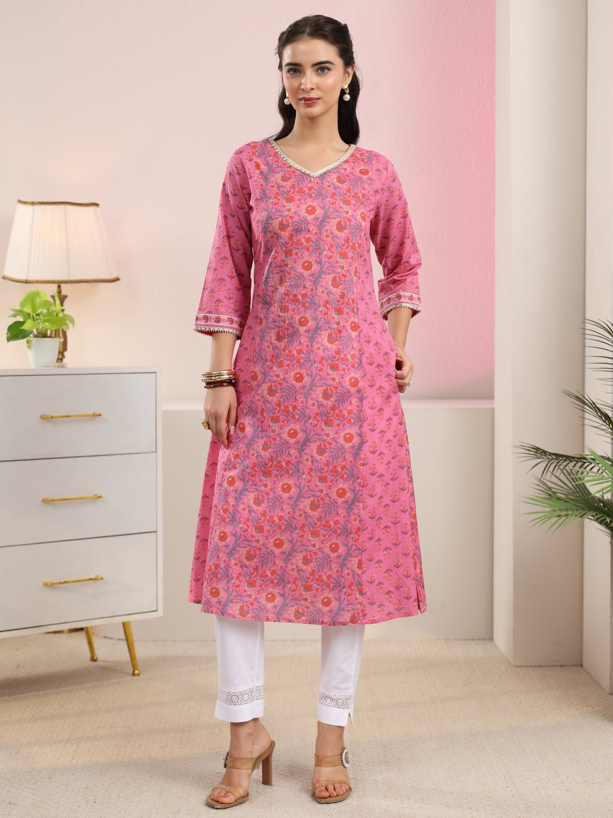 Anouk Pink Floral Printed Cotton A-Line Kurta