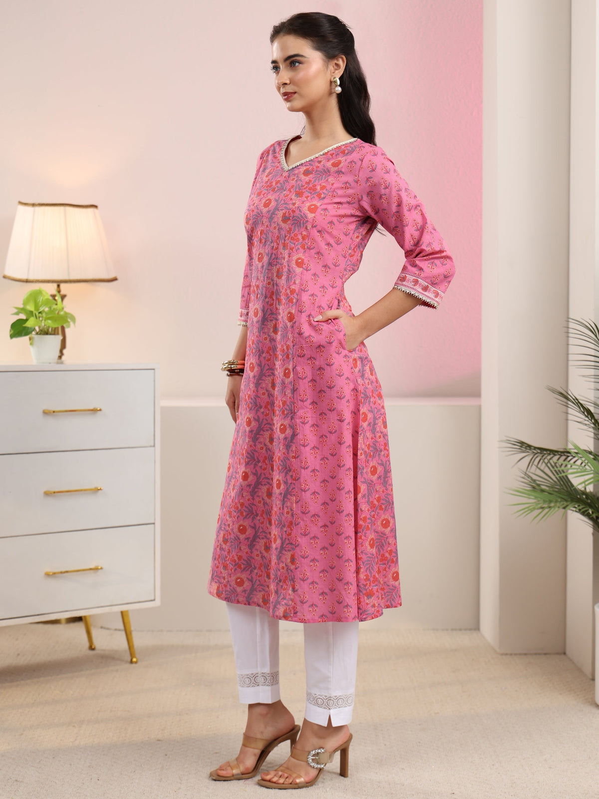Anouk Pink Floral Printed Cotton A-Line Kurta