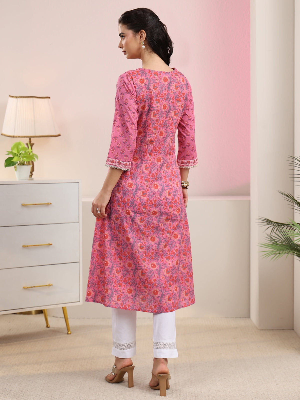 Anouk Pink Floral Printed Cotton A-Line Kurta