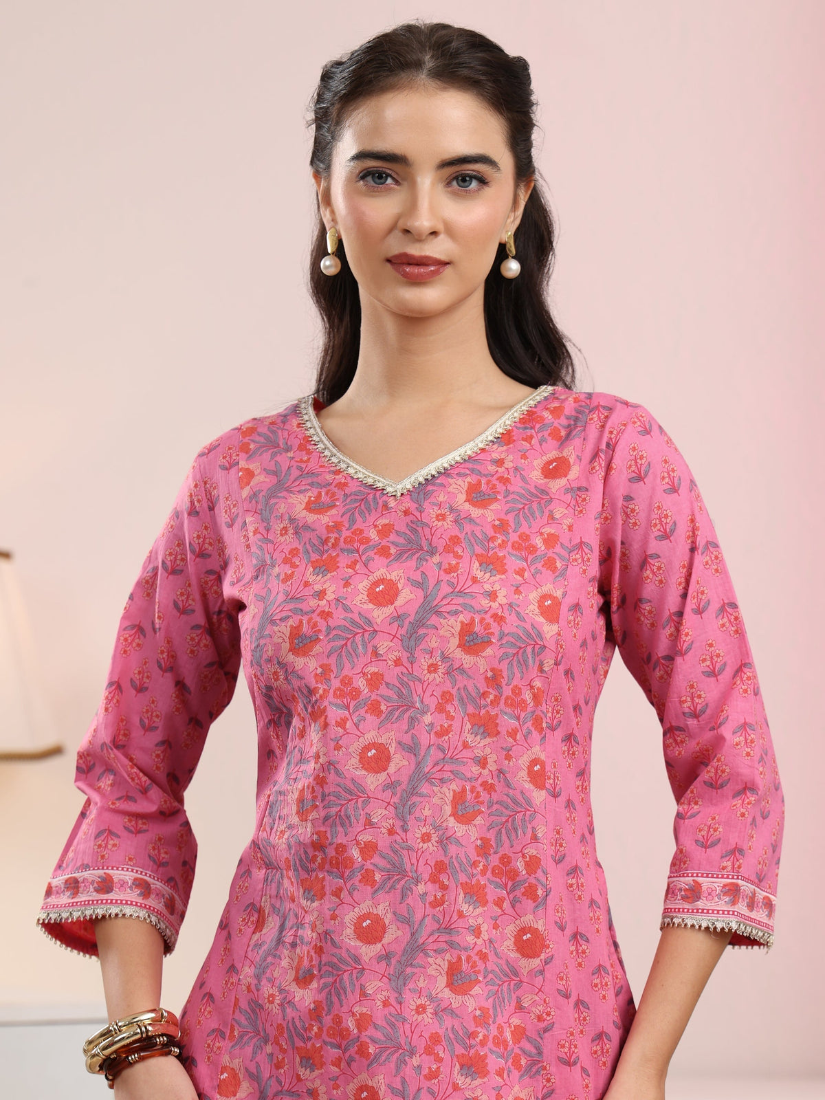 Anouk Pink Floral Printed Cotton A-Line Kurta