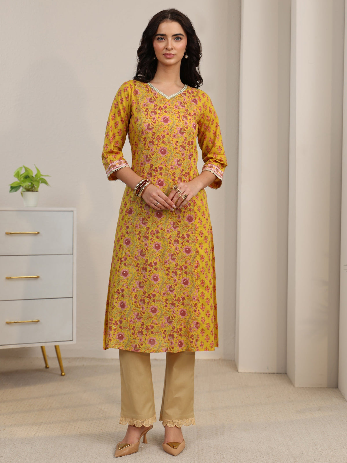 Anouk Sunshine Yellow Floral Printed Cotton A-Line Kurta