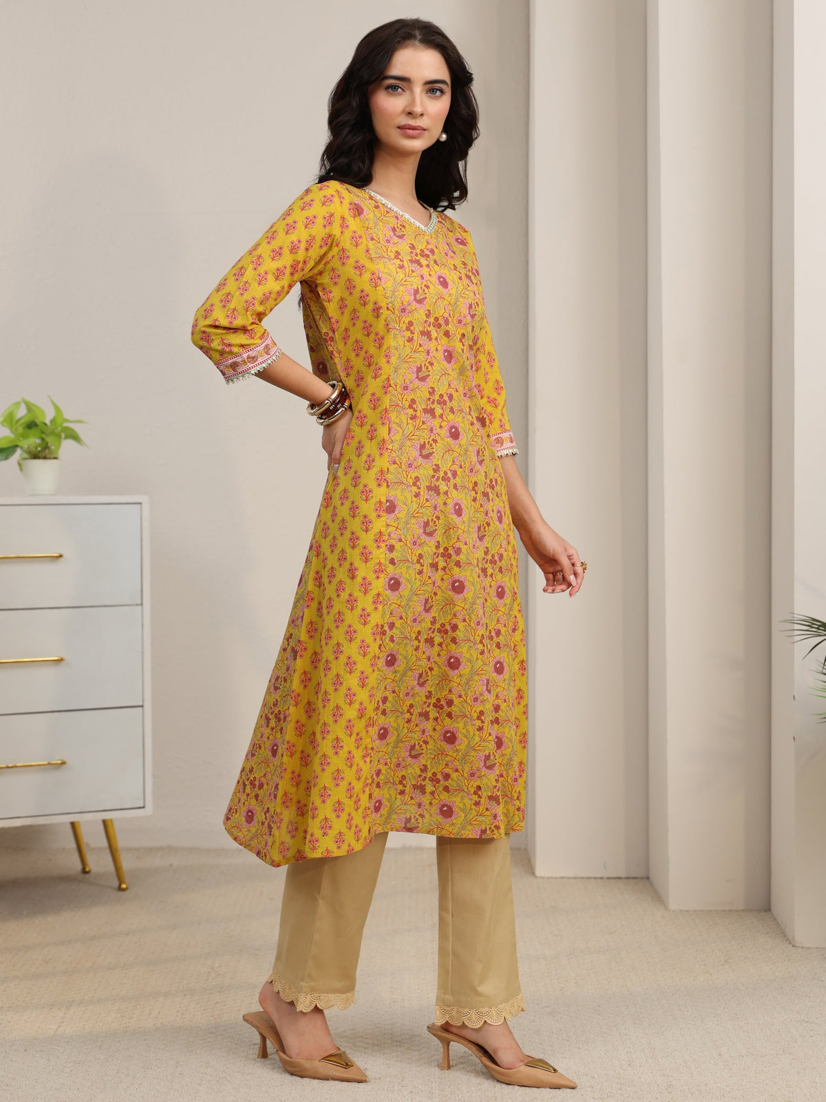 Anouk Sunshine Yellow Floral Printed Cotton A-Line Kurta