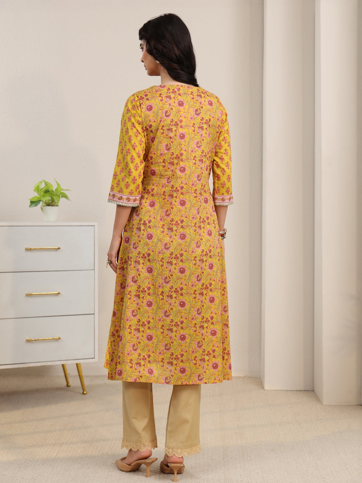 Anouk Sunshine Yellow Floral Printed Cotton A-Line Kurta