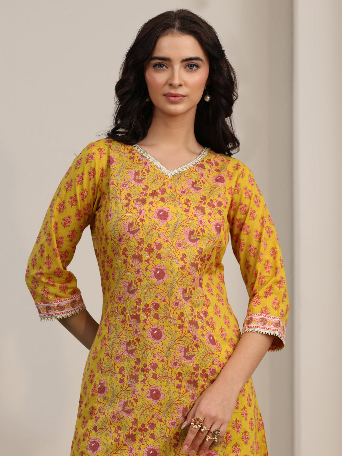 Anouk Sunshine Yellow Floral Printed Cotton A-Line Kurta
