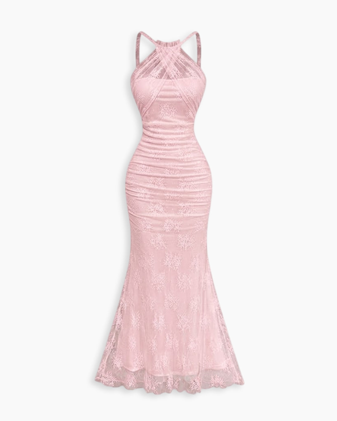 Halter Neck Ruched Mermaid Maxi Dress in Baby Pink