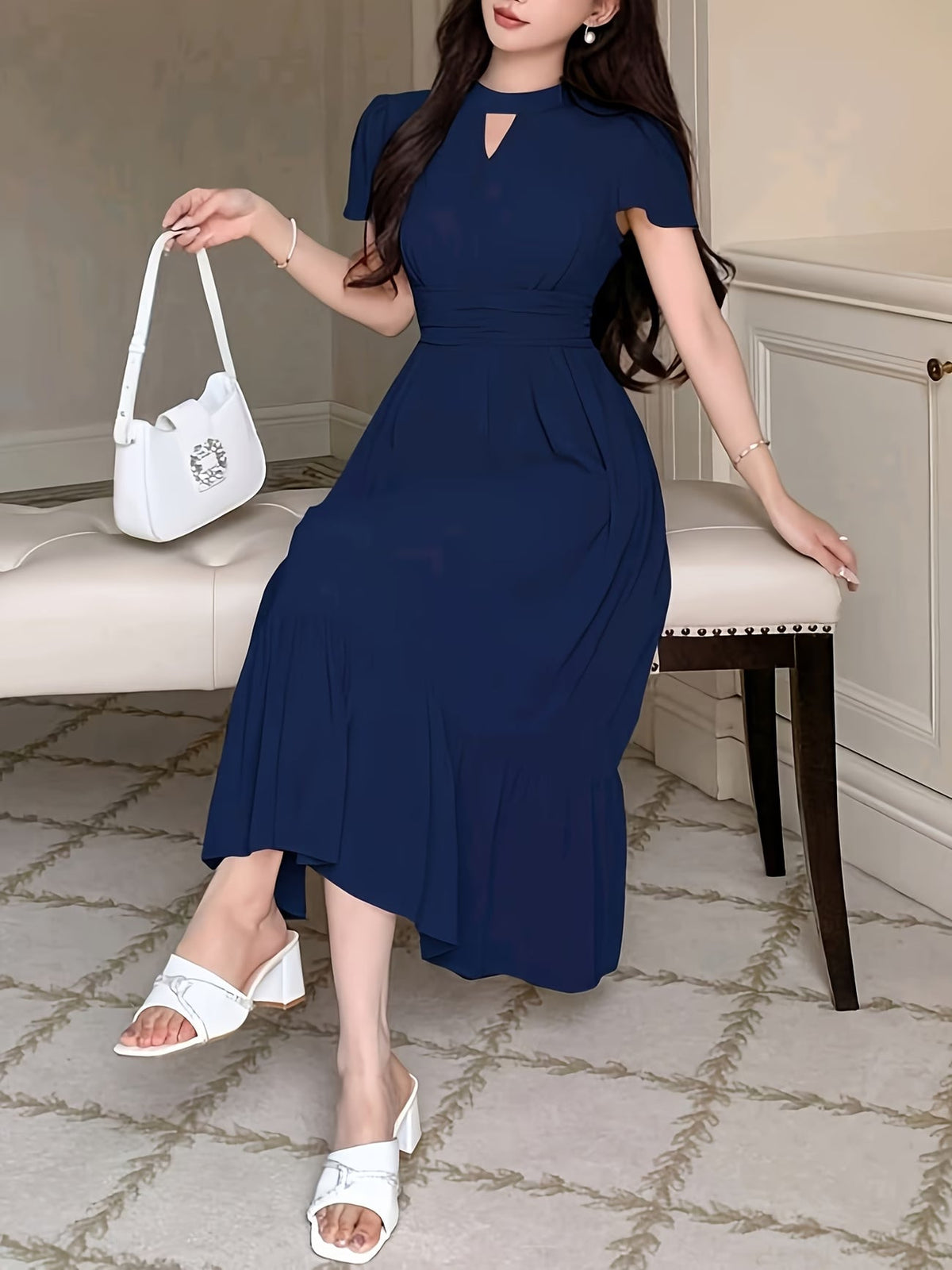 Women's Elegant Pleated Waist Ruffle Hem Maxi Dress