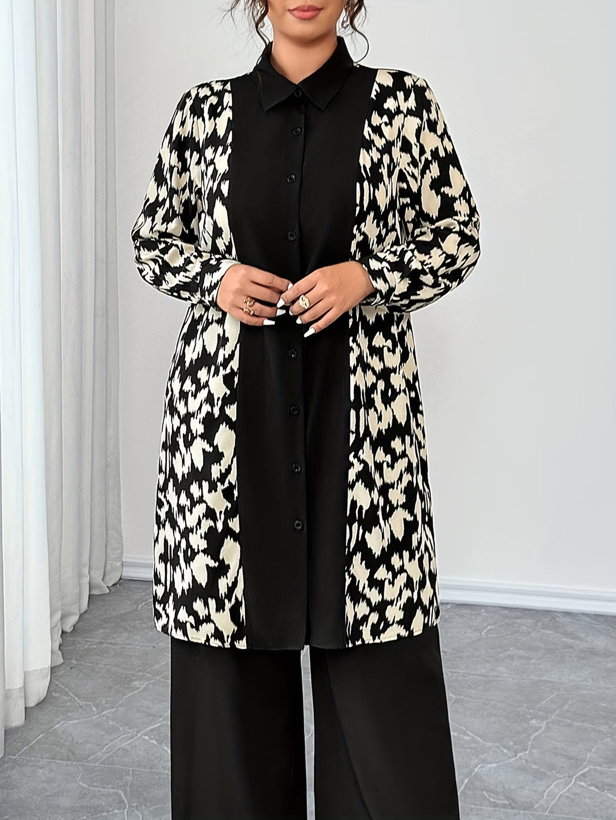 Women's Elegant Patchwork Cardigan, Mid-Length Shirt & Straight-Leg Trousers Set