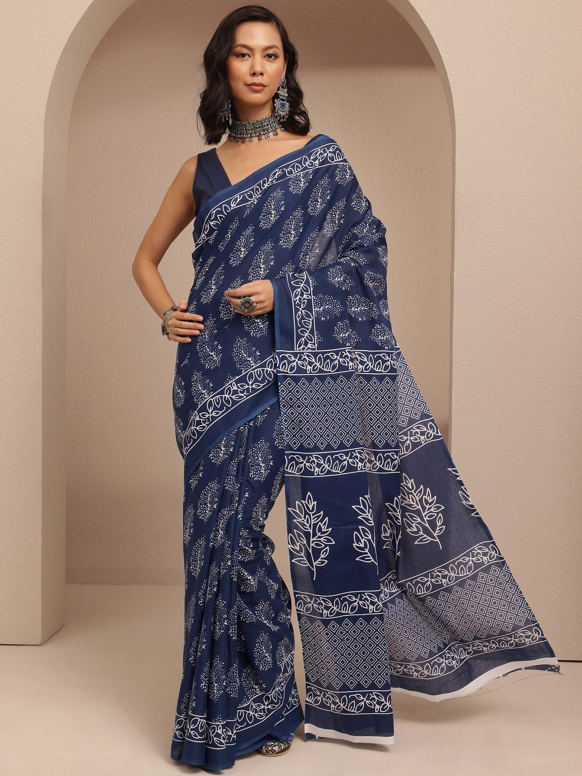 Anouk Navy Blue Printed Cotton Saree With Unstitched Blouse Piece