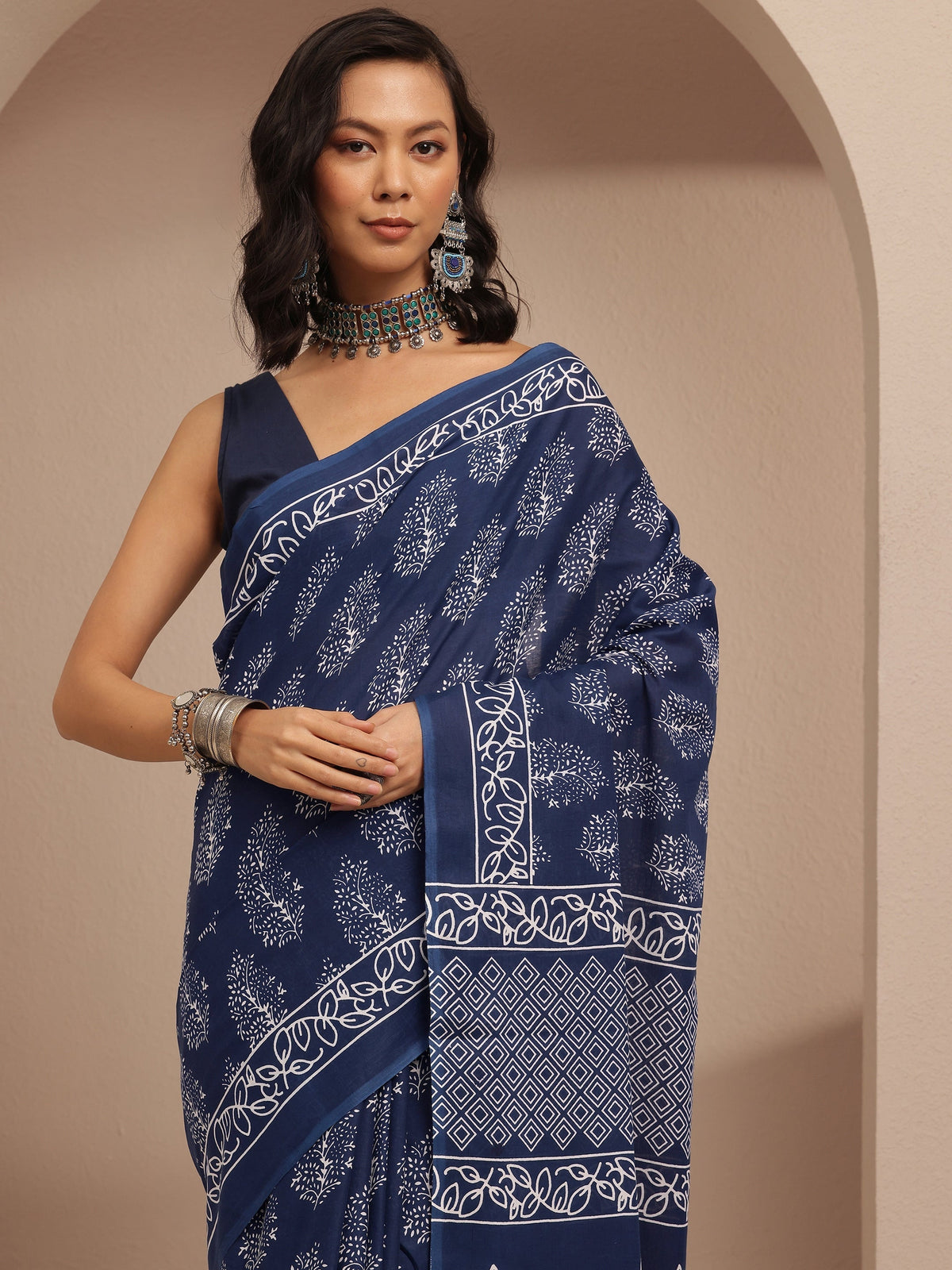 Anouk Navy Blue Printed Cotton Saree With Unstitched Blouse Piece