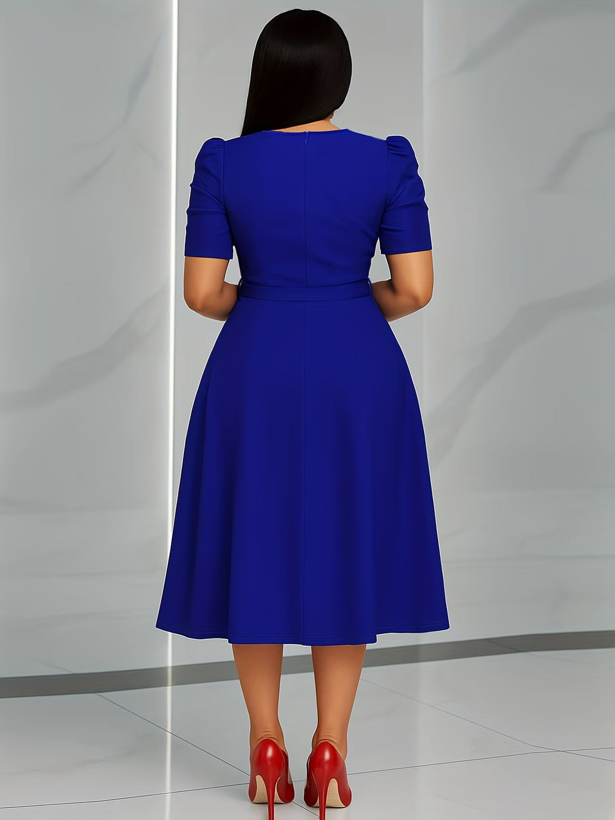 Women's Elegant V-Neck Ruffle Midi Dress with Waist Belt