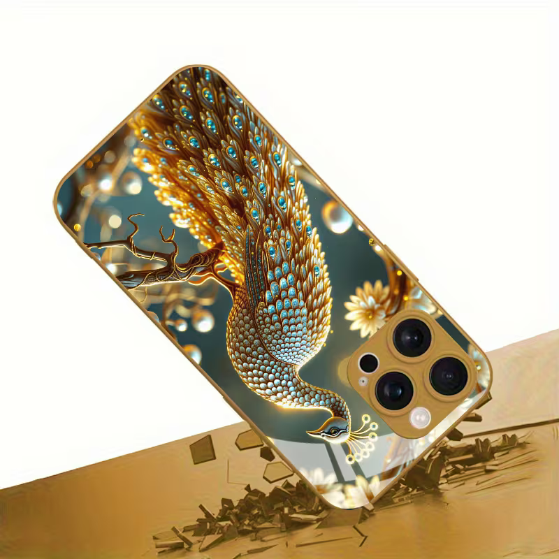 Luxury Golden Peacock Feather Glass Case for iPhone 📱✨