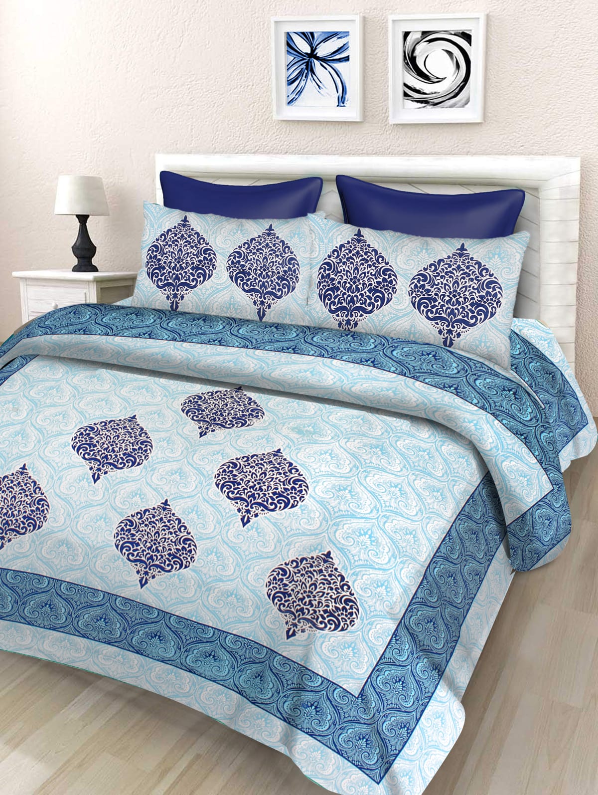 Jaipuri Double Bedsheet Set with Two Pillow Covers - 90x100 Size