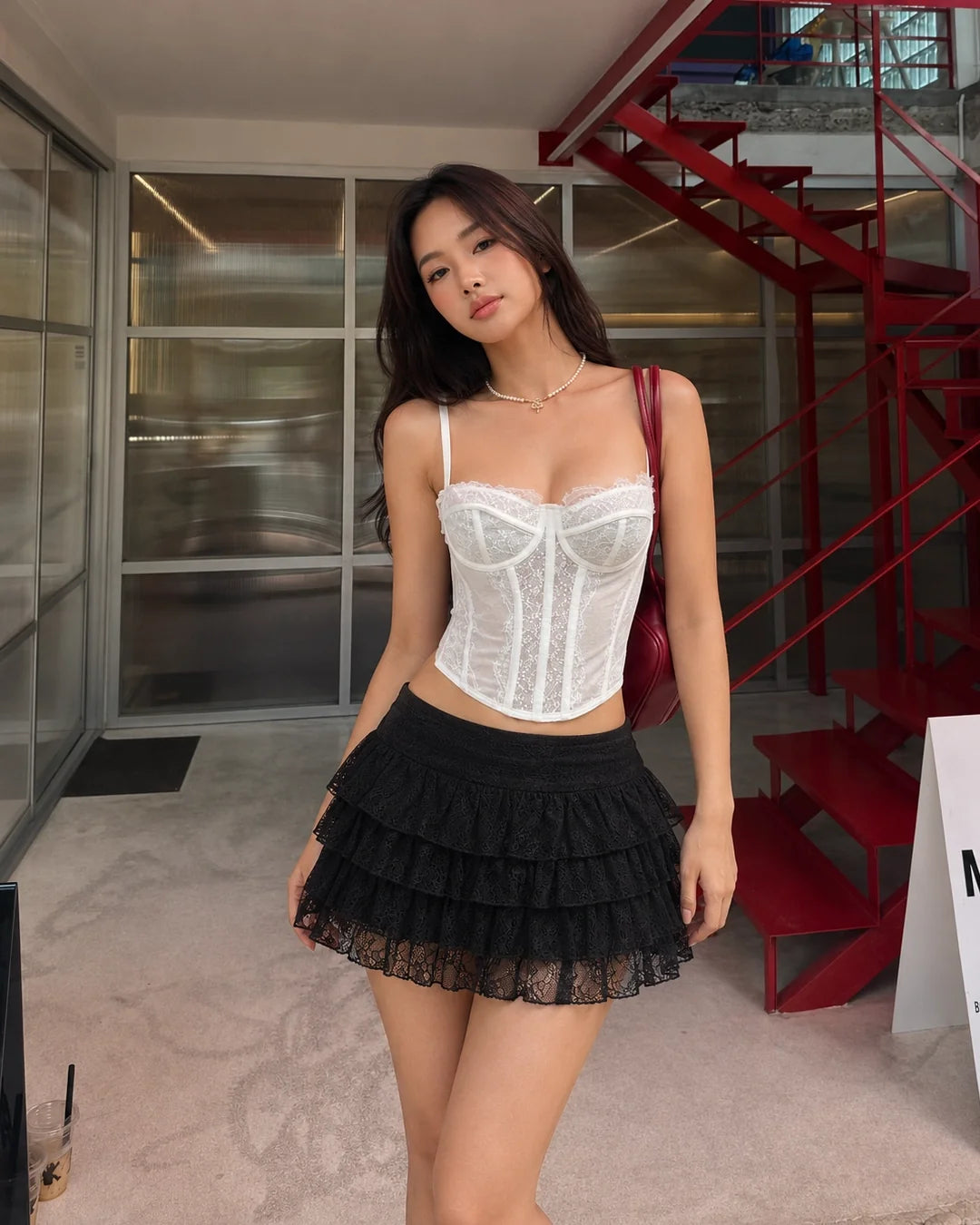 Lace Ruffle Hem Mini Skirt in Black