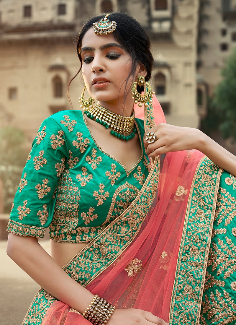 Green Color Satin Material Stone And Dori Work Lehenga