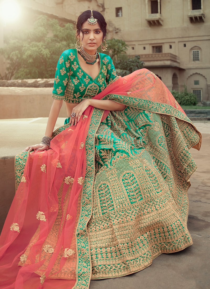 Green Color Satin Material Stone And Dori Work Lehenga