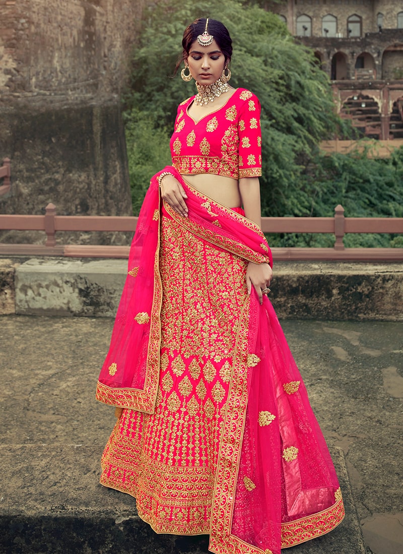 Pink Color Satin Material Stone And Dori Work Lehenga