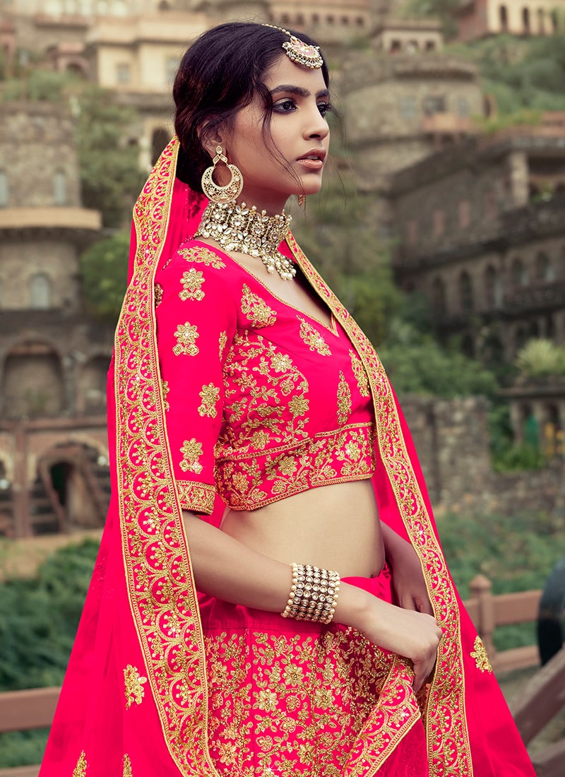 Pink Color Satin Material Stone And Dori Work Lehenga