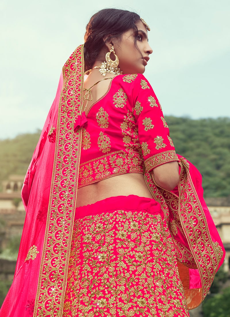 Pink Color Satin Material Stone And Dori Work Lehenga