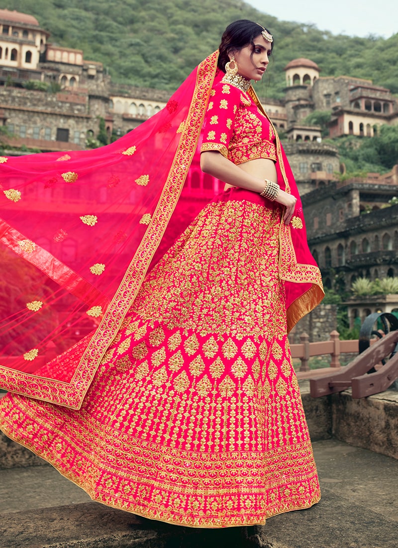 Pink Color Satin Material Stone And Dori Work Lehenga