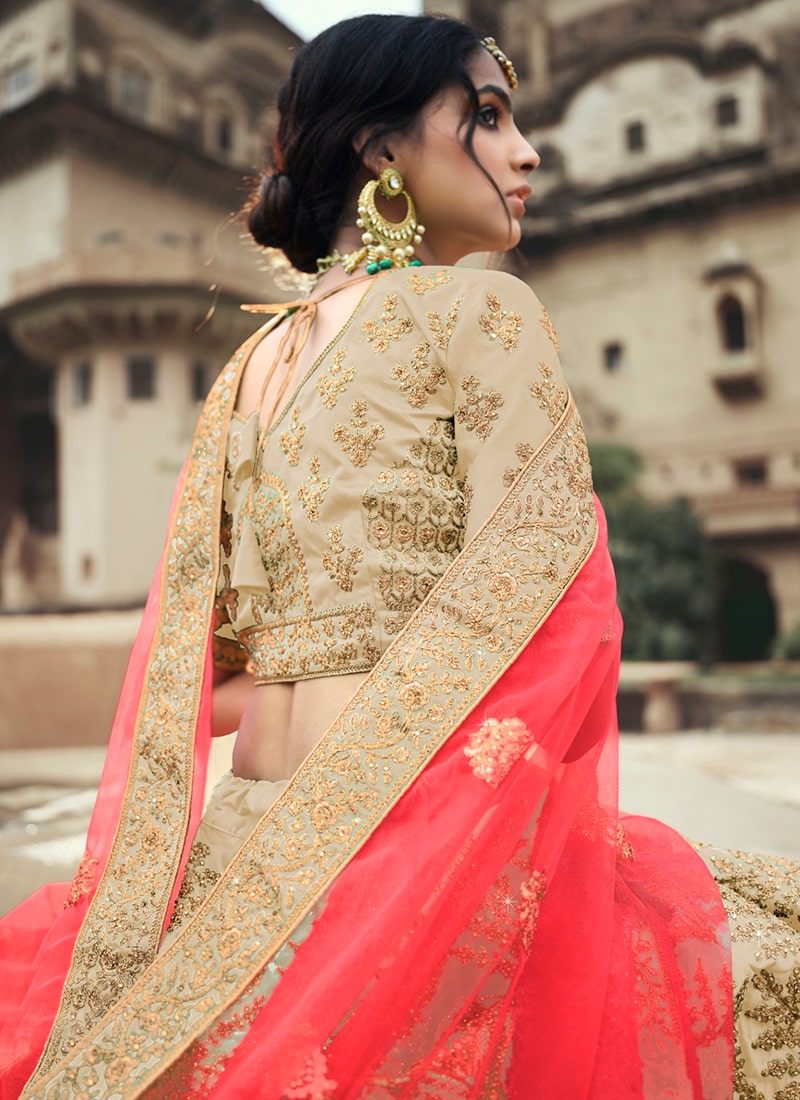 Beige Color Satin Material Stone And Dori Work Lehenga