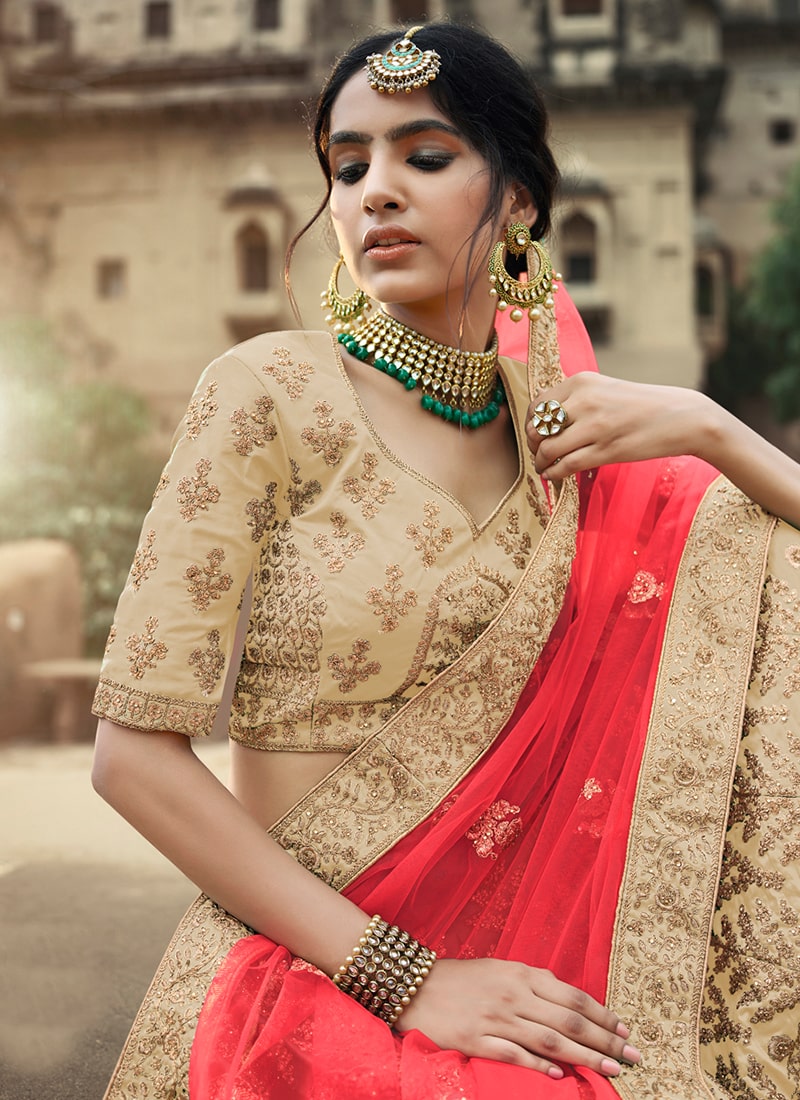 Beige Color Satin Material Stone And Dori Work Lehenga