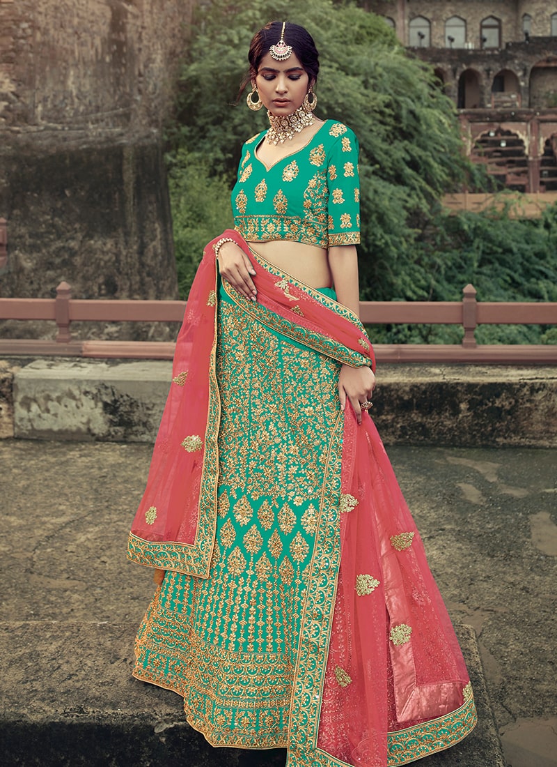 Sea Green Color Satin Material Dori And Stone Work Lehenga
