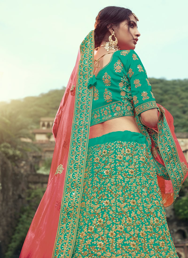 Sea Green Color Satin Material Dori And Stone Work Lehenga