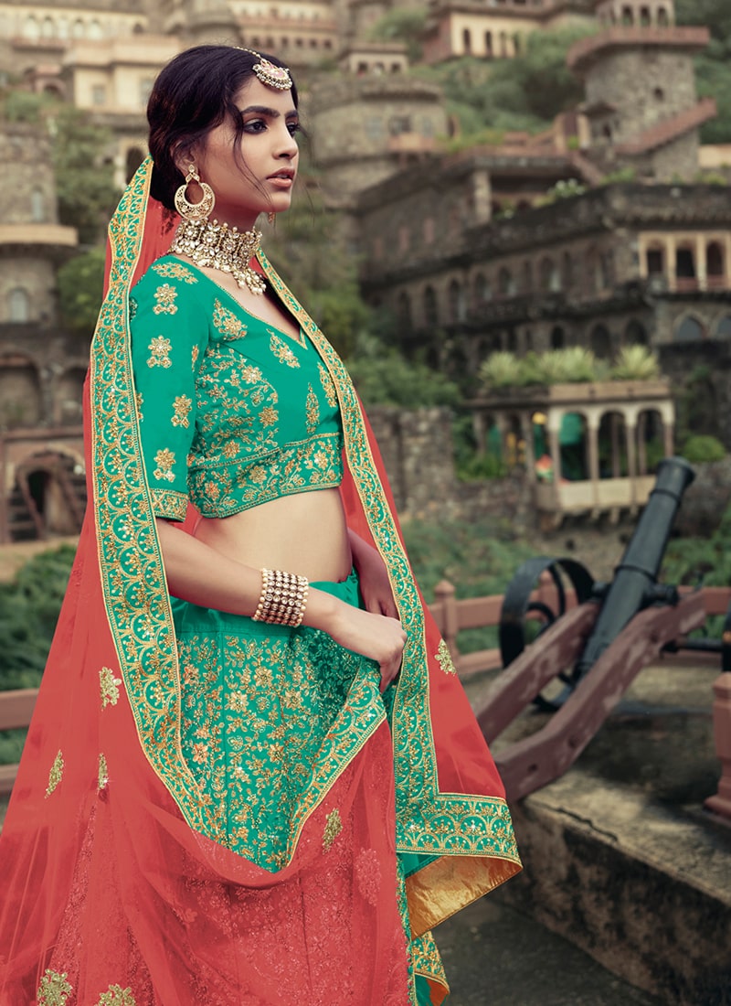 Sea Green Color Satin Material Dori And Stone Work Lehenga
