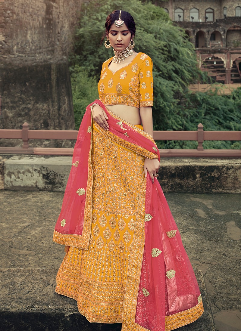 Satin Material Mustard Yellow Color Zari Work Lehenga Choli