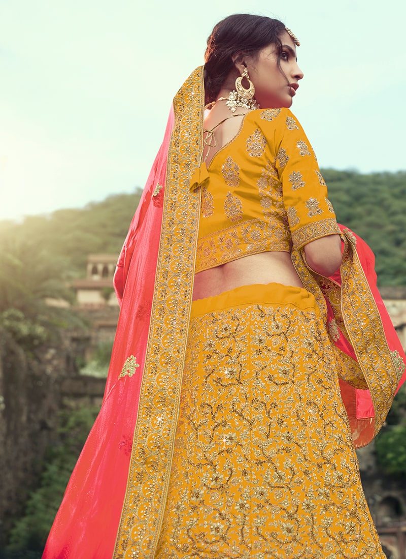 Satin Material Mustard Yellow Color Zari Work Lehenga Choli
