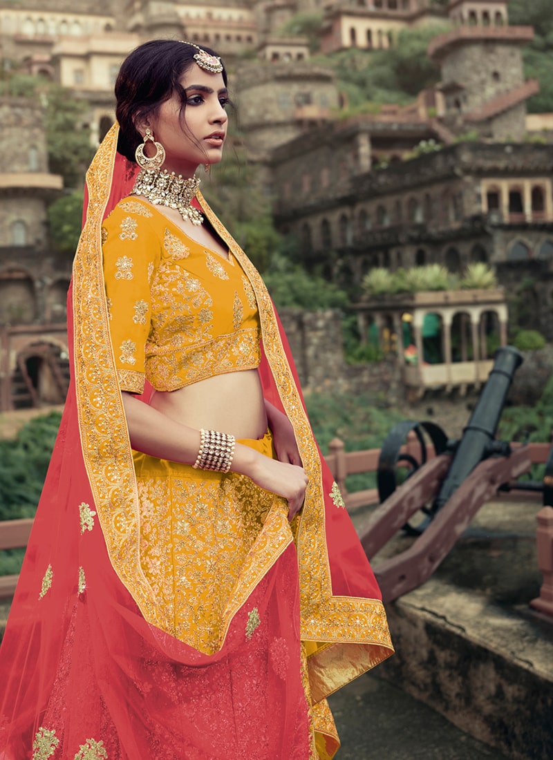 Satin Material Mustard Yellow Color Zari Work Lehenga Choli