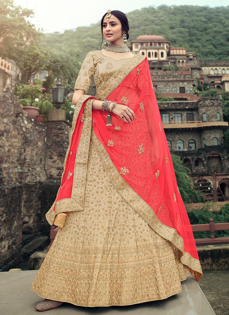 Stone And Zari Work Beige Color Satin Material Lehenga Choli
