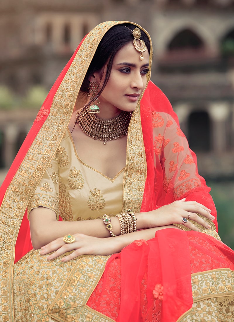 Stone And Zari Work Beige Color Satin Material Lehenga Choli