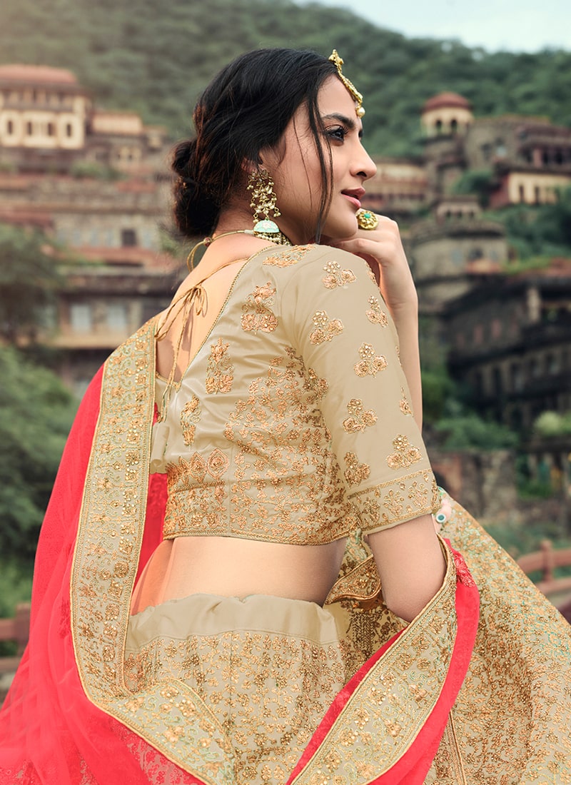 Stone And Zari Work Beige Color Satin Material Lehenga Choli