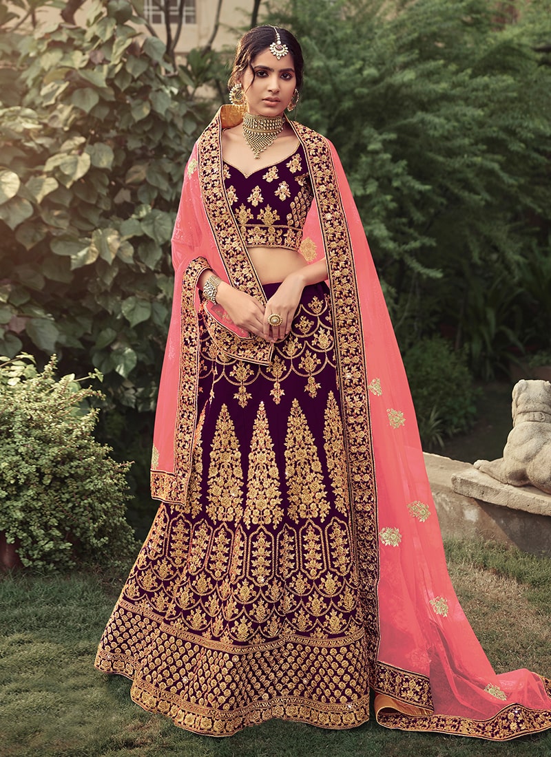 Dori And Stone Work Wine Color Satin Fabric Lehenga Choli