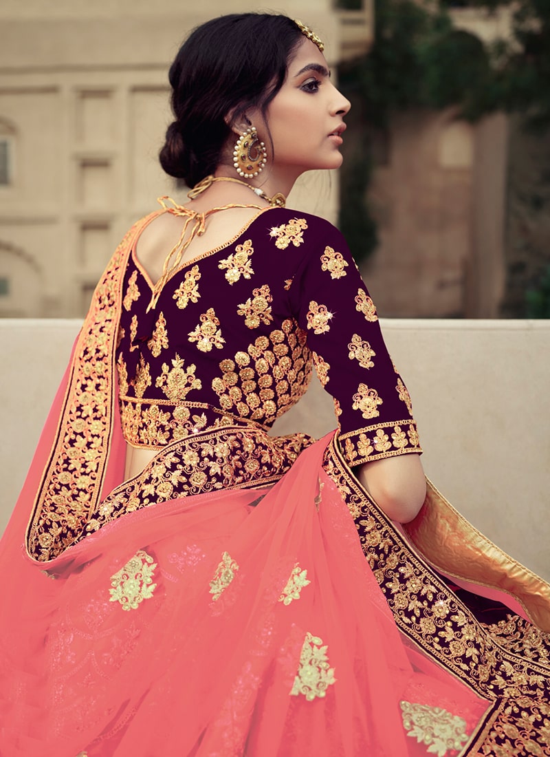 Dori And Stone Work Wine Color Satin Fabric Lehenga Choli