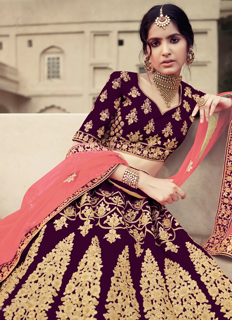 Dori And Stone Work Wine Color Satin Fabric Lehenga Choli