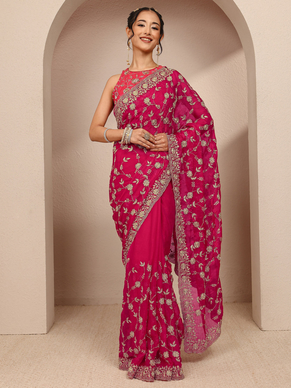 Anouk Pink Floral Embellished Chiffon Saree With Unstitched Blouse Piece