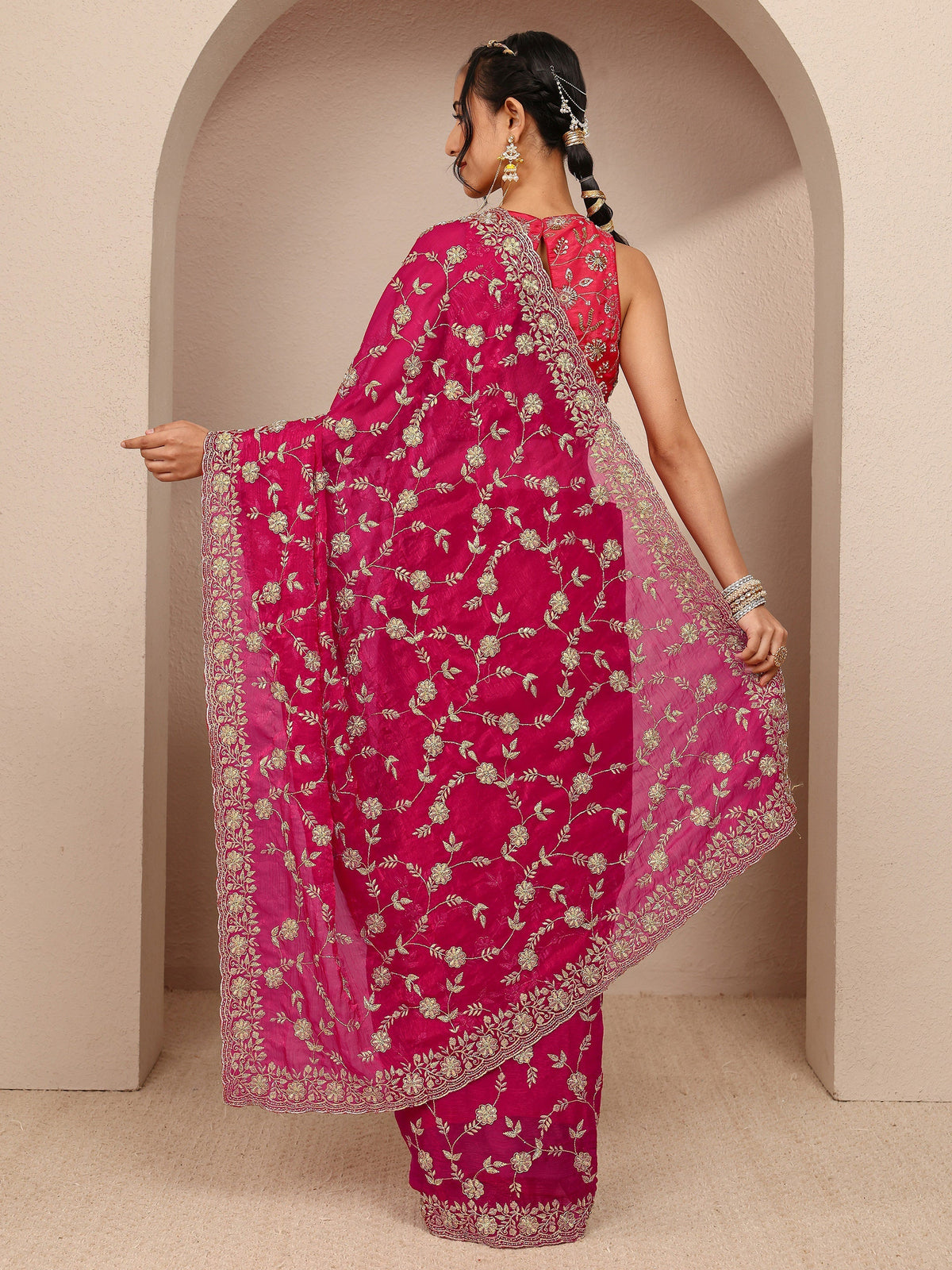Anouk Pink Floral Embellished Chiffon Saree With Unstitched Blouse Piece