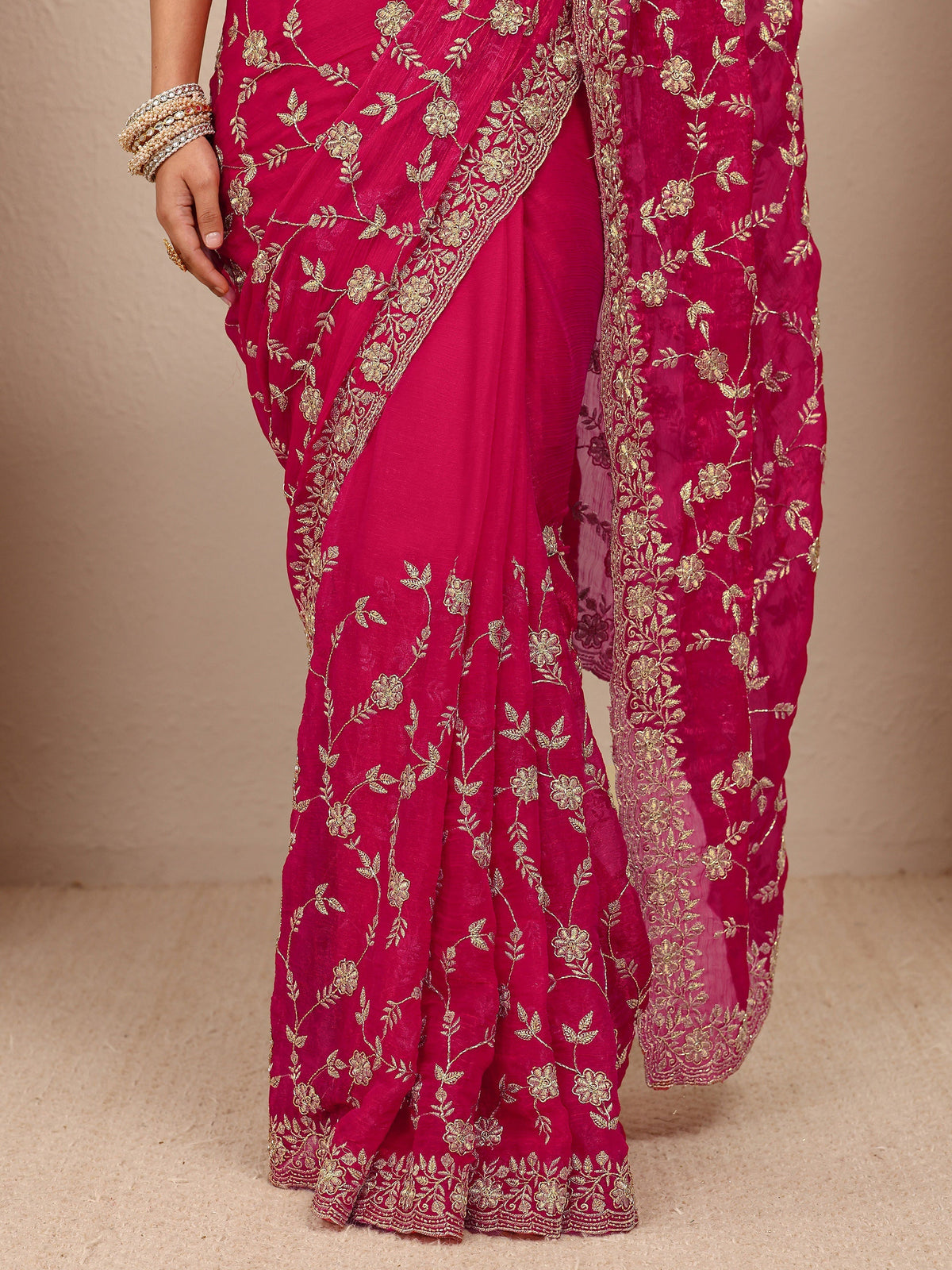 Anouk Pink Floral Embellished Chiffon Saree With Unstitched Blouse Piece