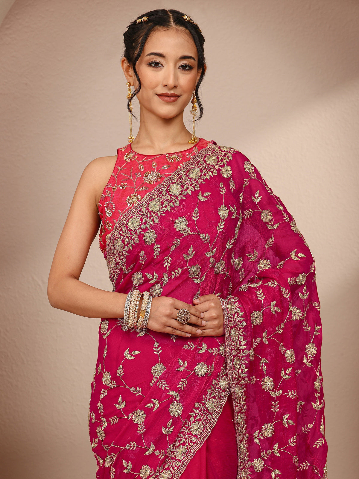 Anouk Pink Floral Embellished Chiffon Saree With Unstitched Blouse Piece