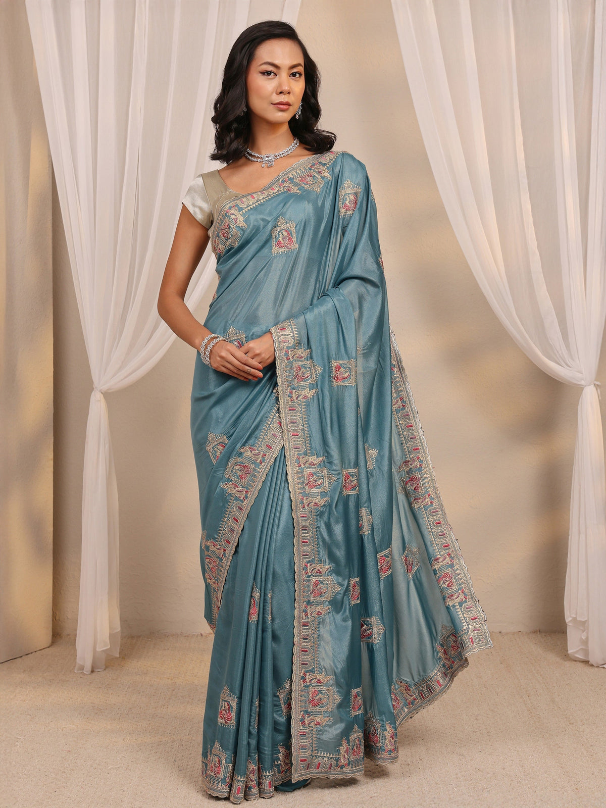 Anouk Blue Ethnic Motif Embellished Satin Saree With Unstitched Blouse Piece