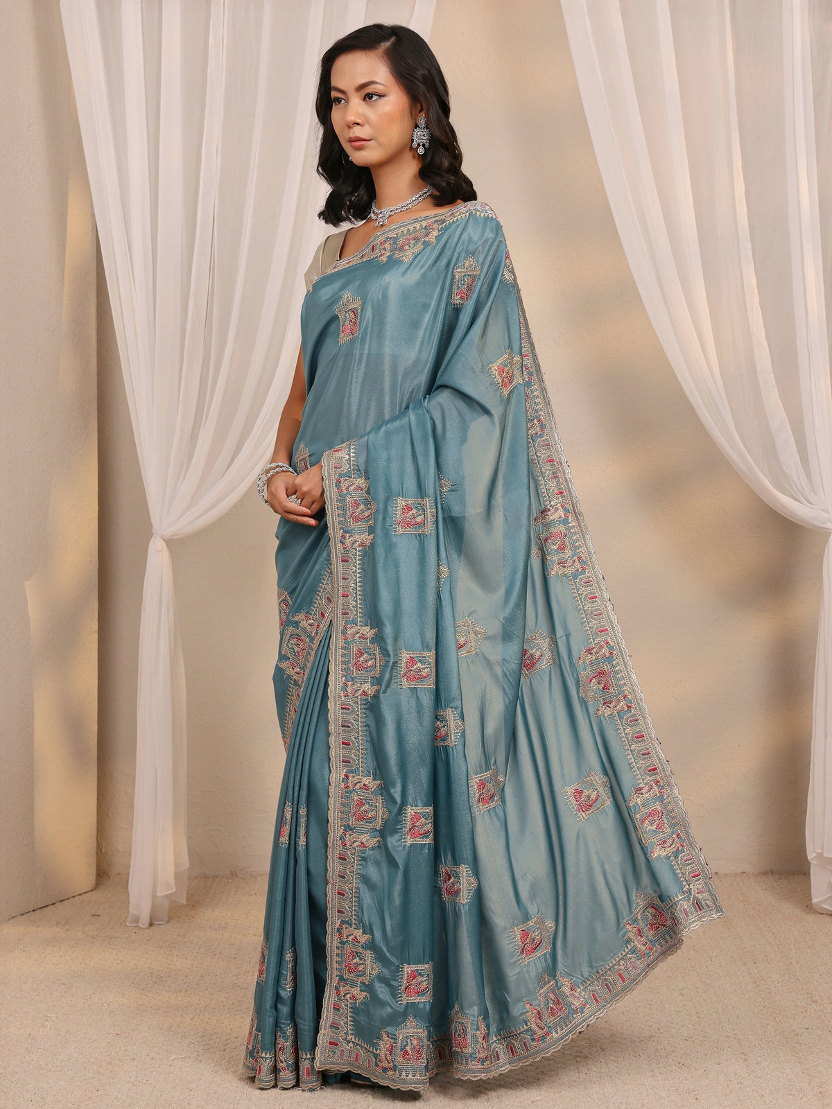 Anouk Blue Ethnic Motif Embellished Satin Saree With Unstitched Blouse Piece