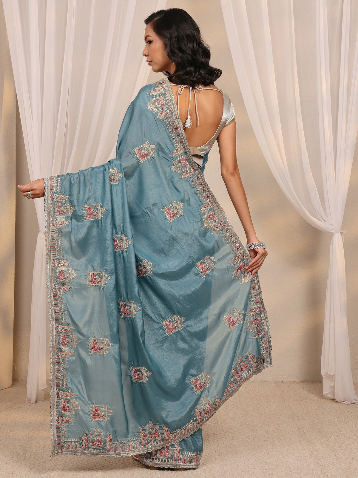Anouk Blue Ethnic Motif Embellished Satin Saree With Unstitched Blouse Piece
