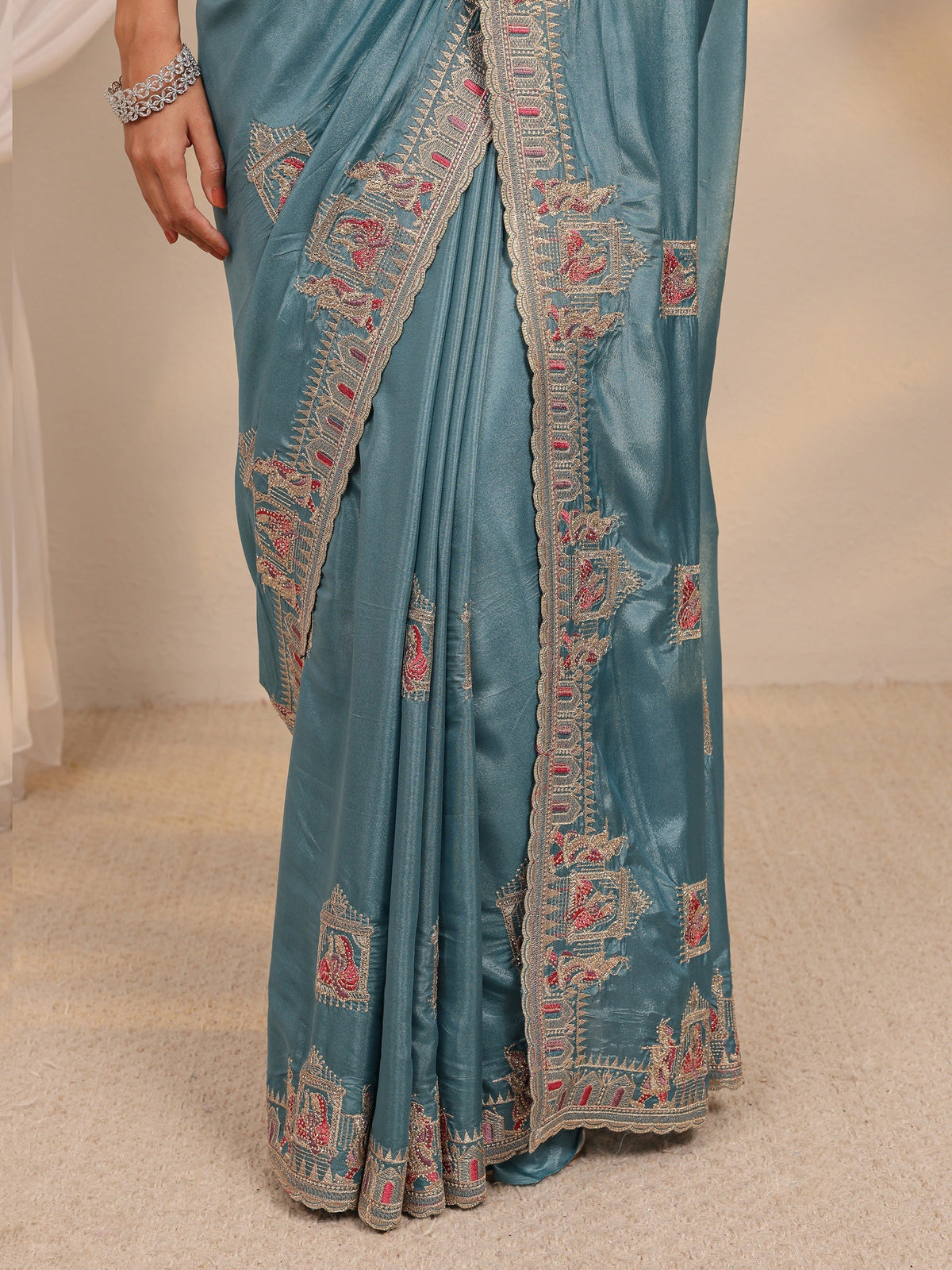 Anouk Blue Ethnic Motif Embellished Satin Saree With Unstitched Blouse Piece