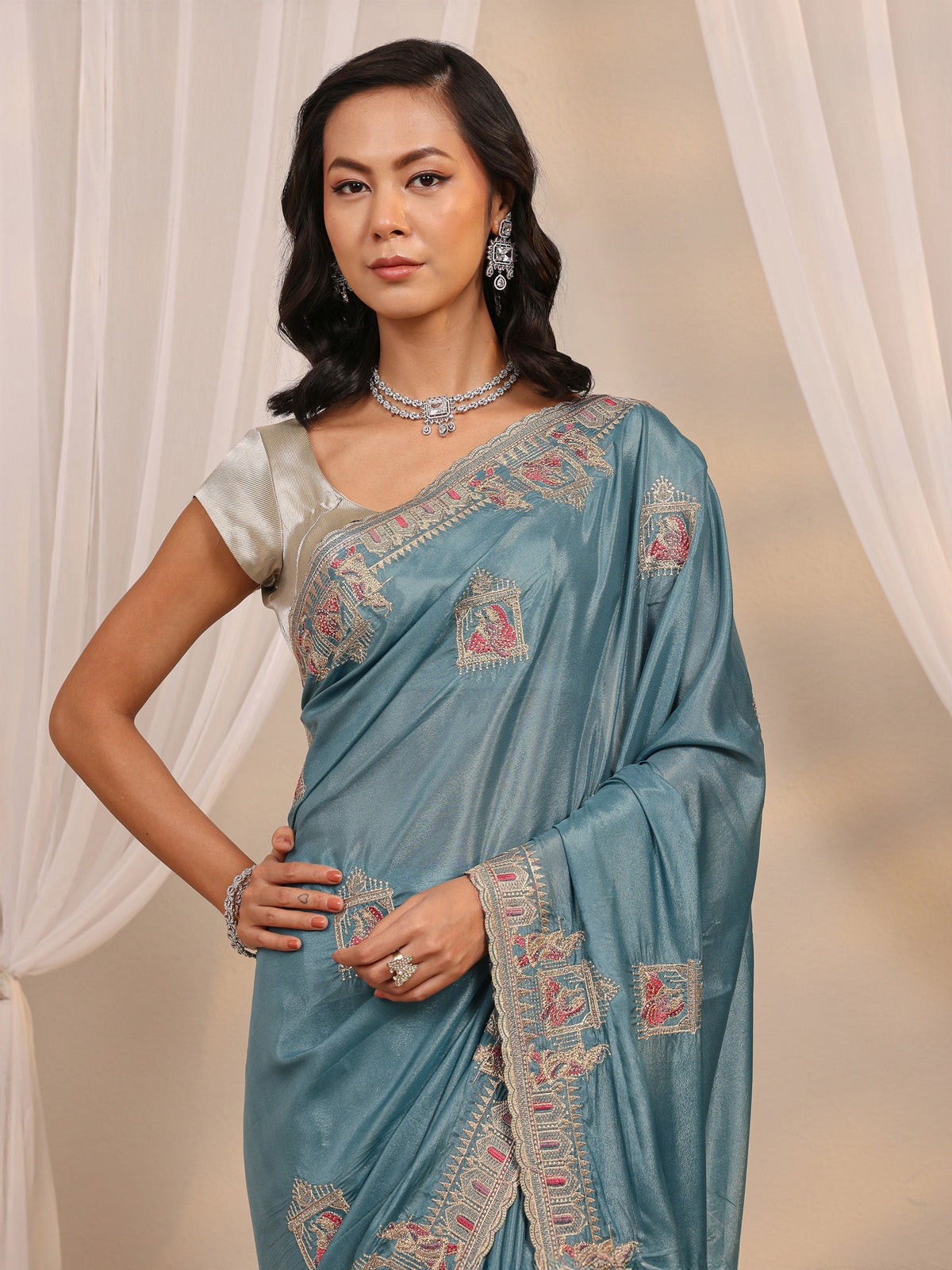 Anouk Blue Ethnic Motif Embellished Satin Saree With Unstitched Blouse Piece