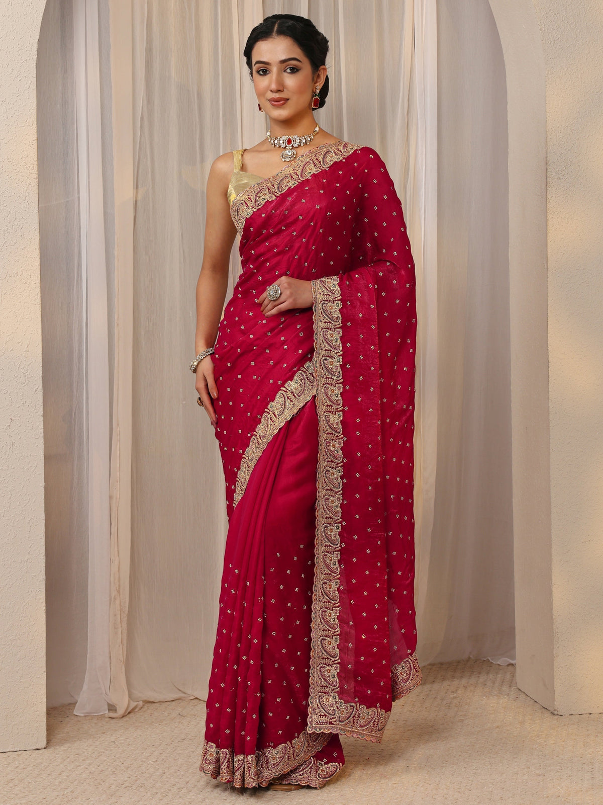 Anouk Red Embellished Tissue Saree With Unstitched Blouse Piece