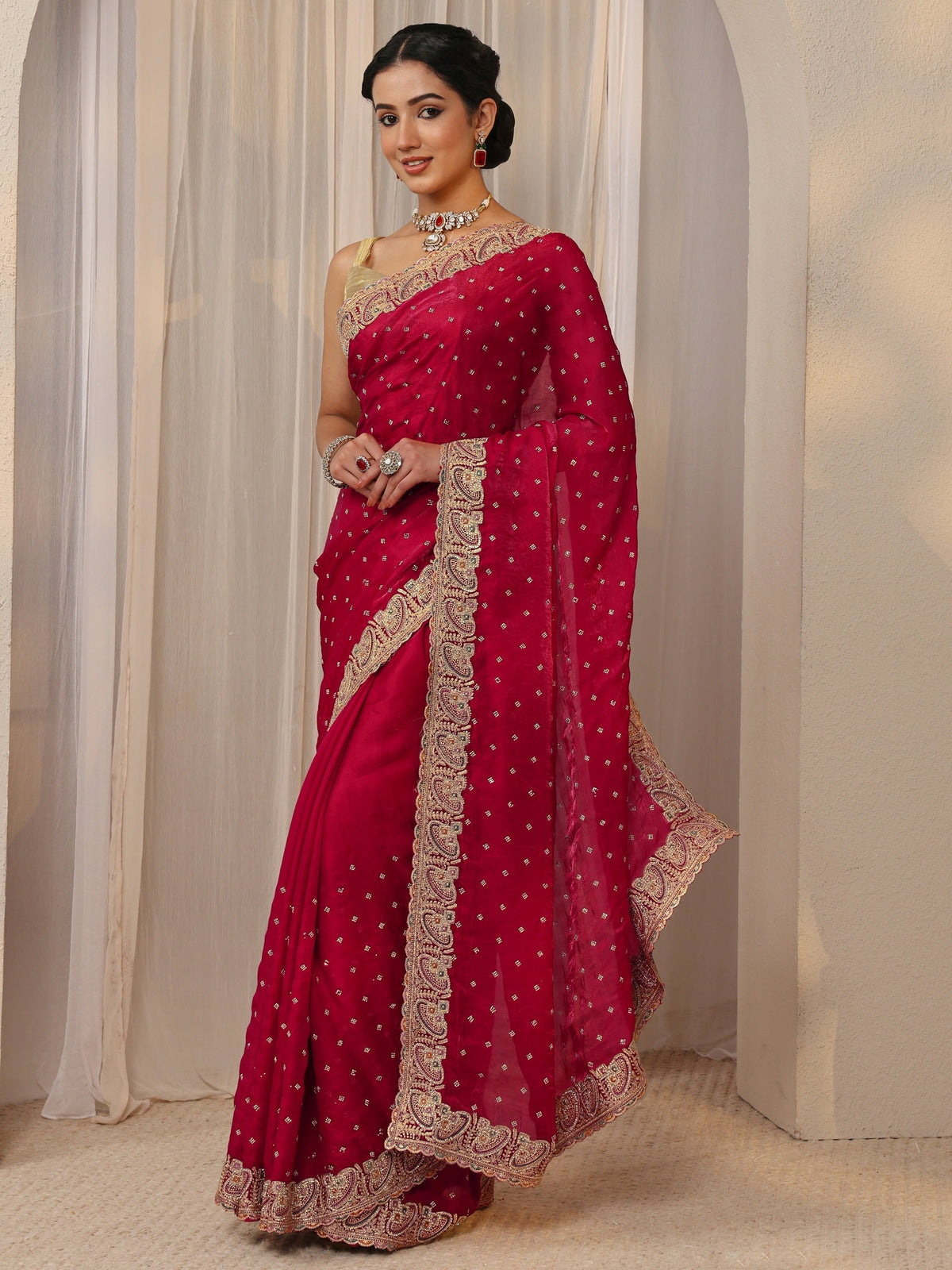 Anouk Red Embellished Tissue Saree With Unstitched Blouse Piece