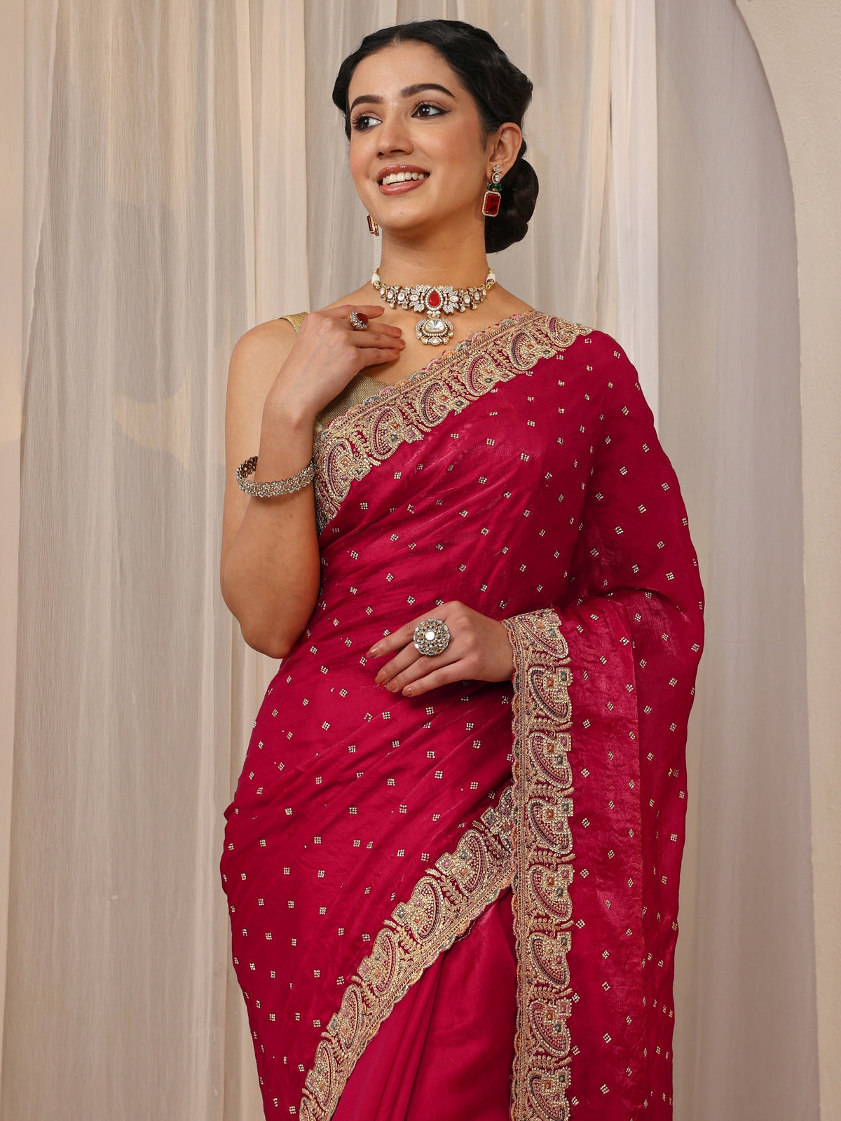 Anouk Red Embellished Tissue Saree With Unstitched Blouse Piece